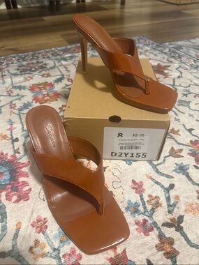 Camel Stiletto Thong Mules